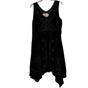 Johnny Was LA Black Velvet Embroidered Midi Asymmetrical Hem Dress - Large